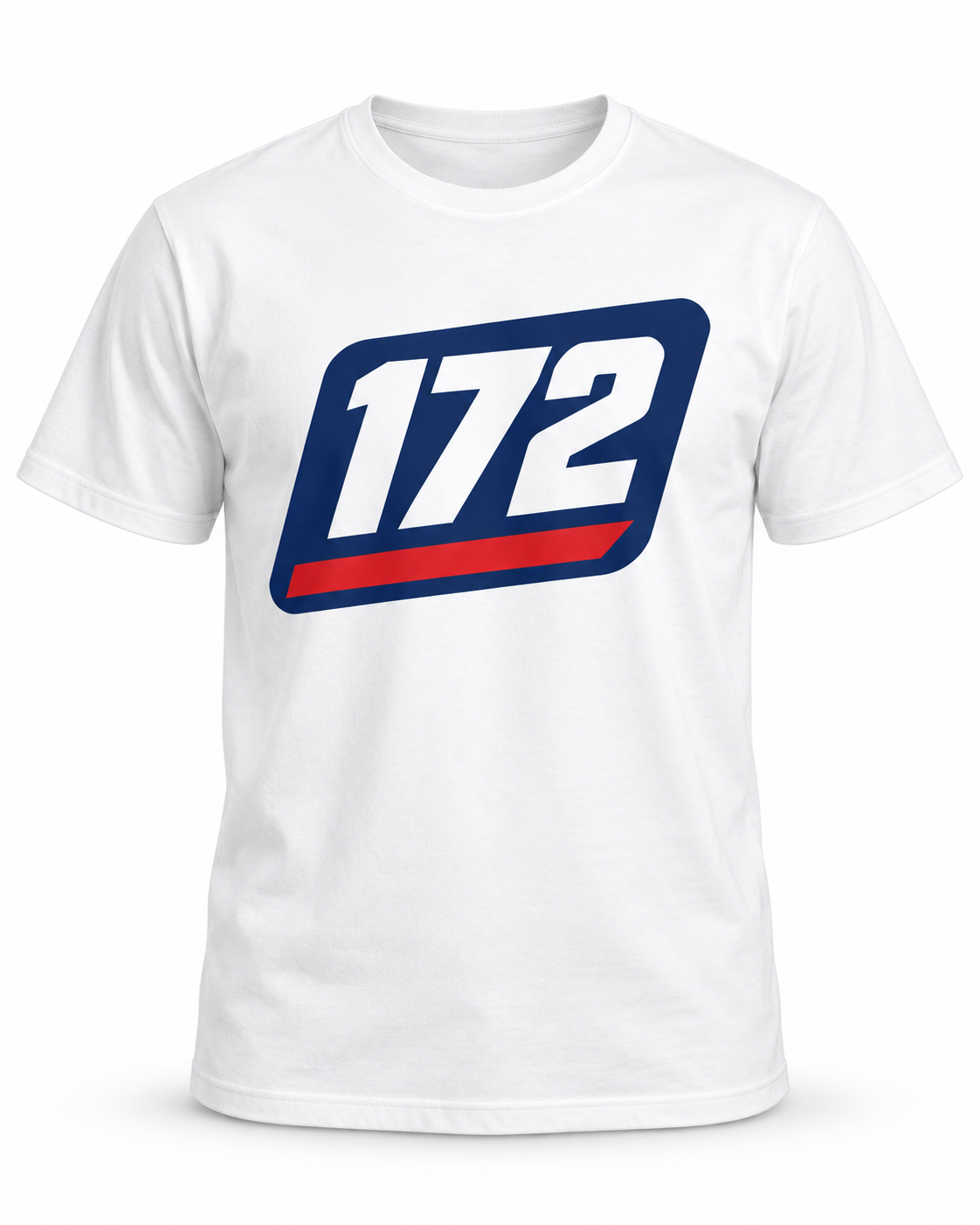 T-shirt blanc avec la plaque 172 bleu marine soulignée d'une bande rouge